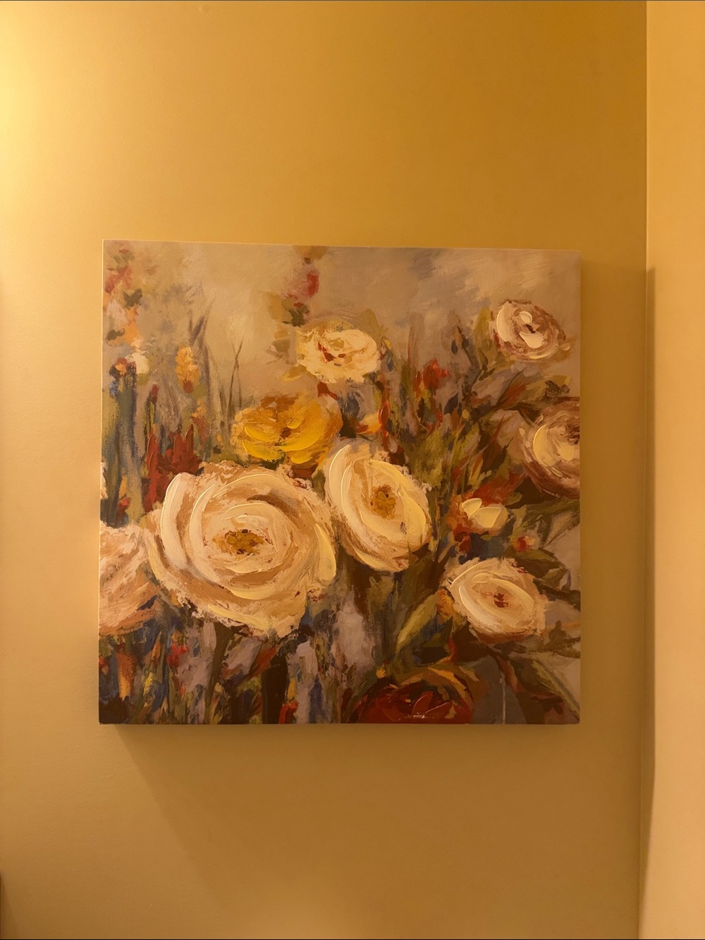 Warm Yellow & Cream Floral Canvas Wall Art - Elegant Painterly Bouquet